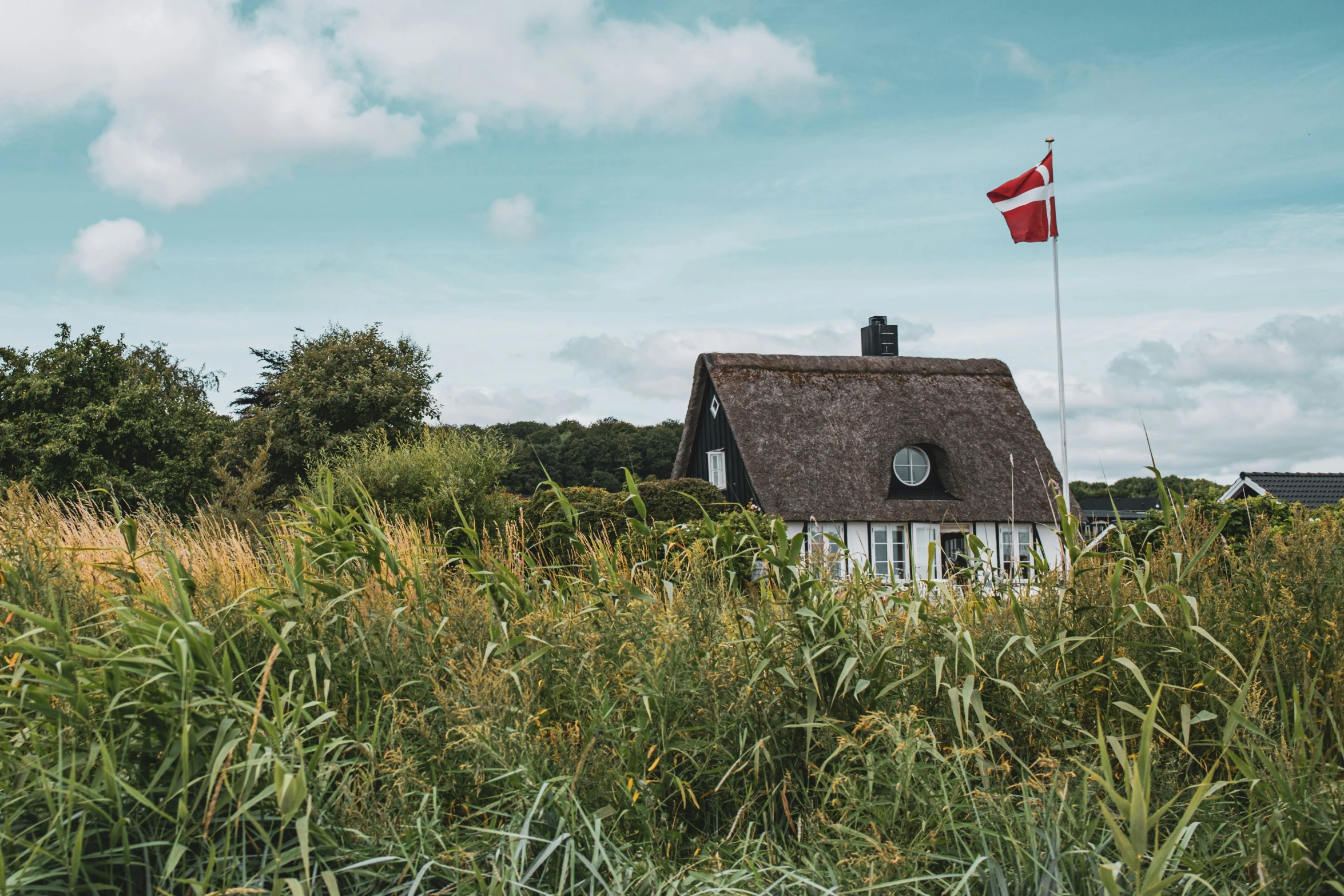 an english country cottage with an irish flag at the top of the thatched roof