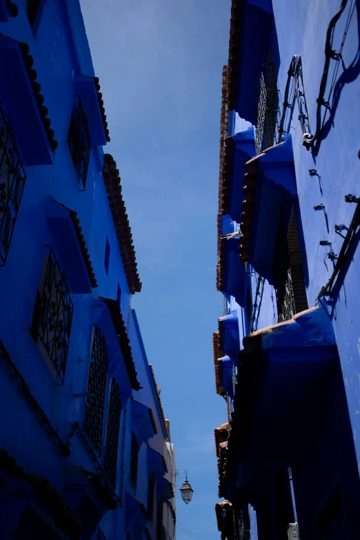 blue buildings stand in the shadow against the light and sky