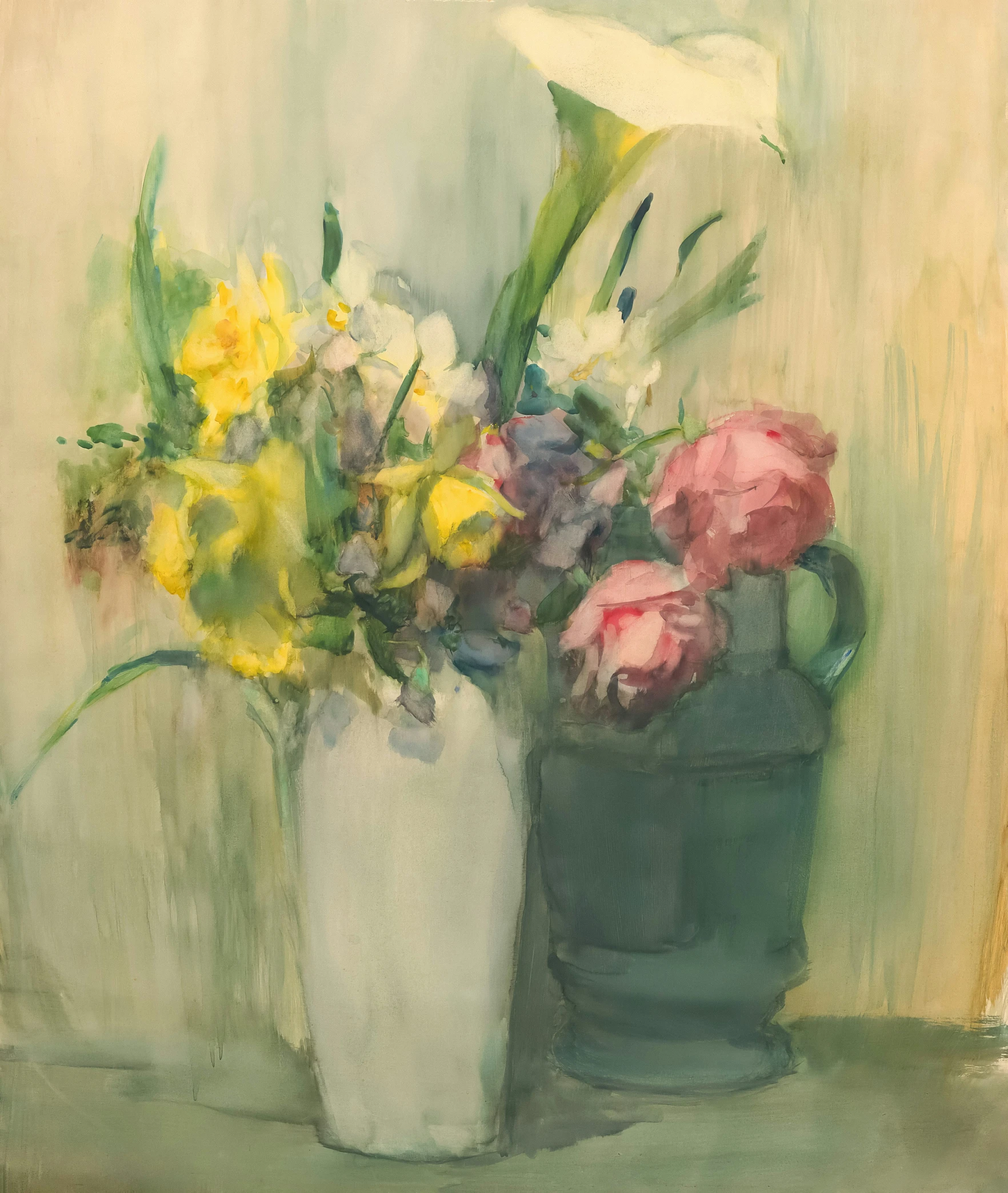 this painting shows a vase of colorful flowers and other flowers