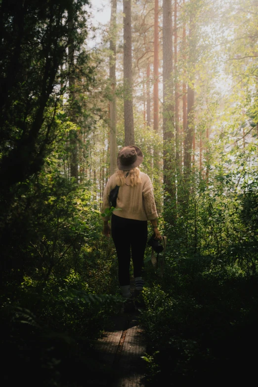 a person walking through the woods alone