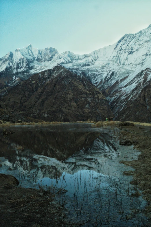 a lake sitting below mountains with snow