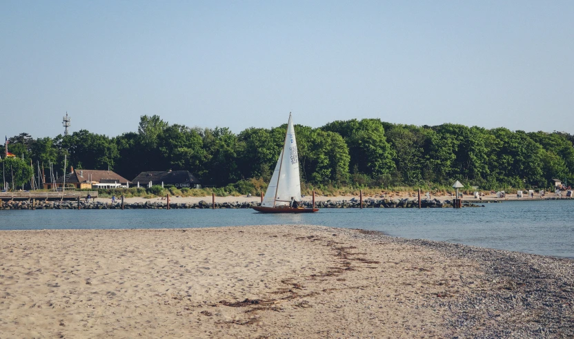 sailboats are sailing in the blue water and sandy shore