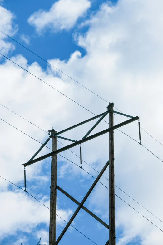 a pole and telephone wires against a blue cloudy sky
