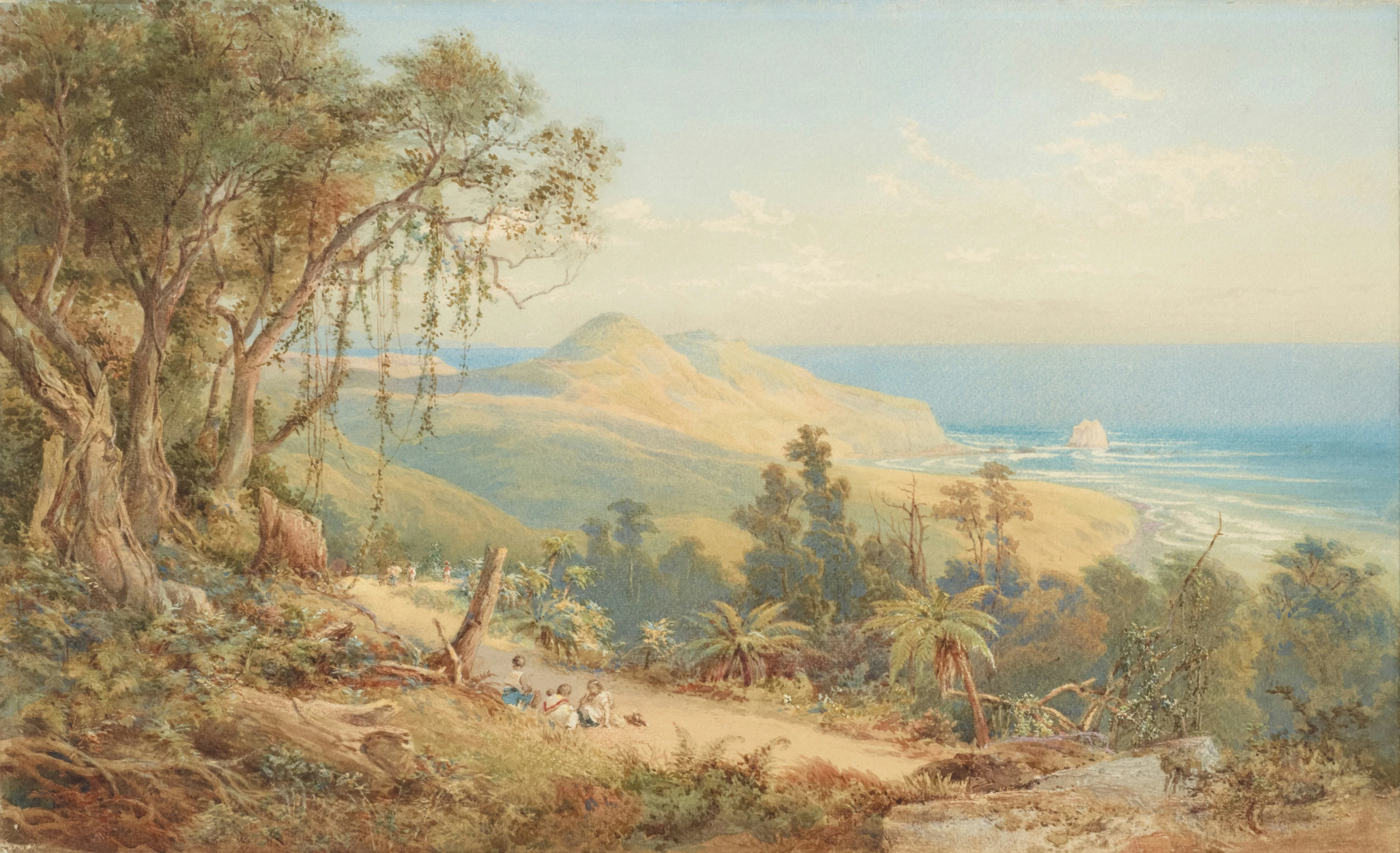 a painting of the coast and beach, with people walking down it