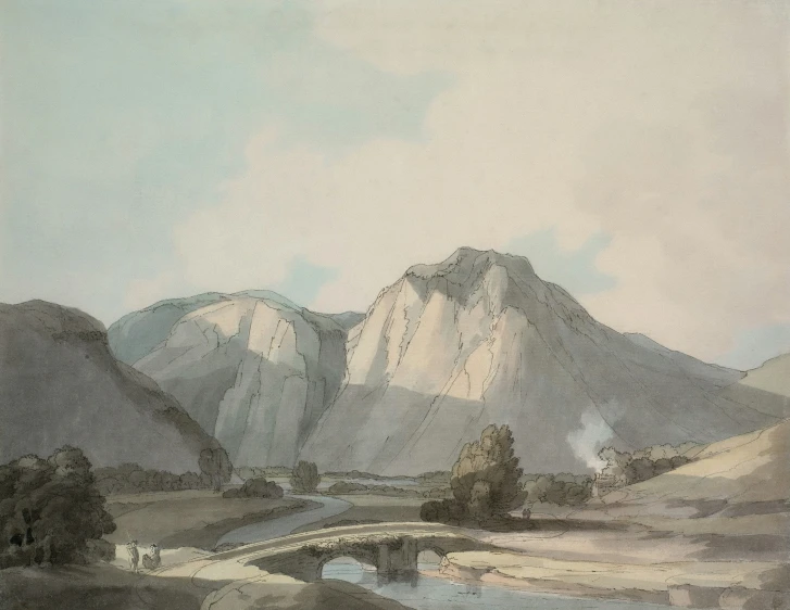 a painting of mountains in the distance and a river next to it