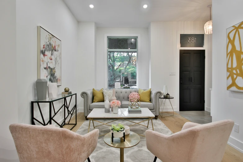 living room with modern decor and a large window