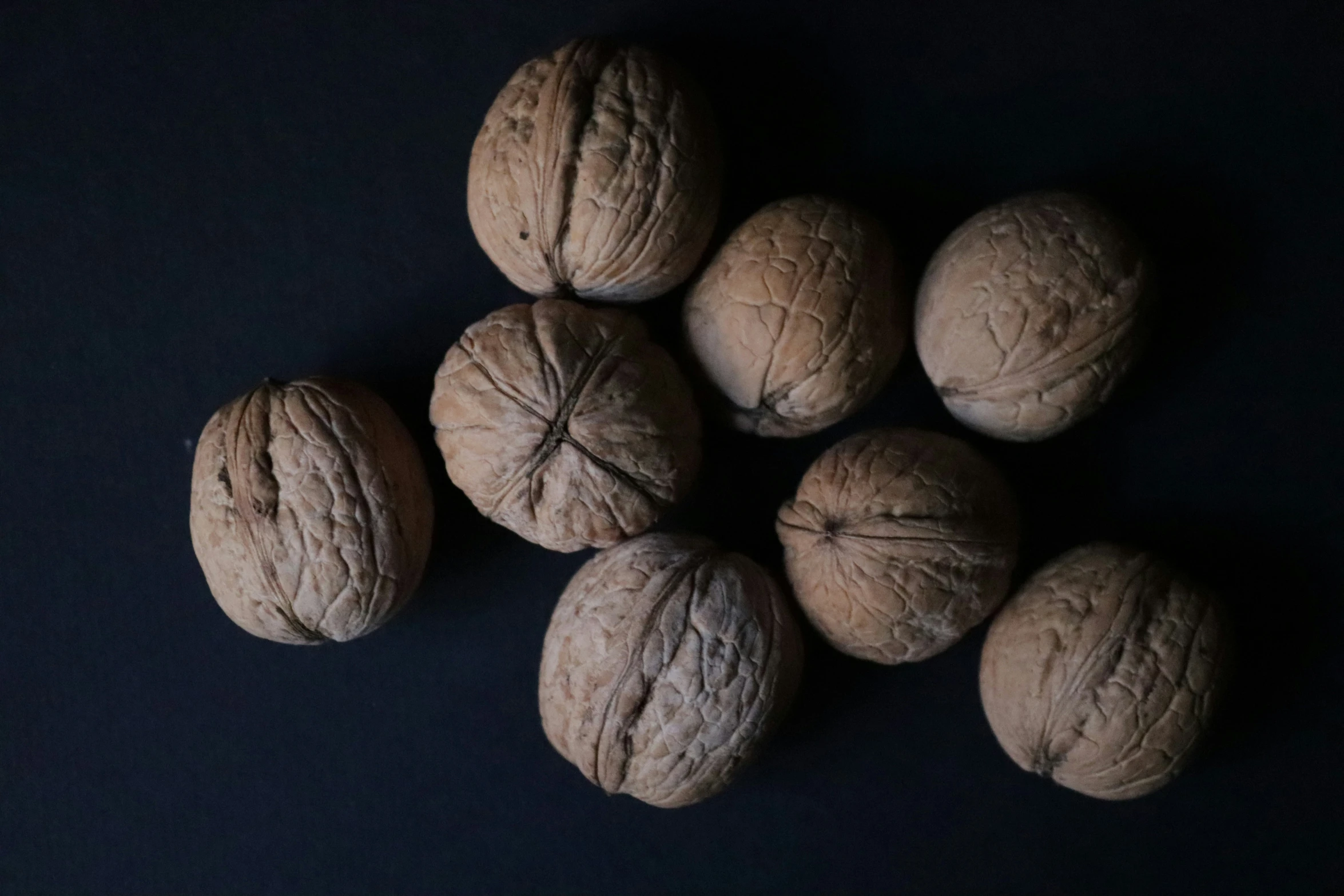 walnuts are arranged in four rows on a dark background