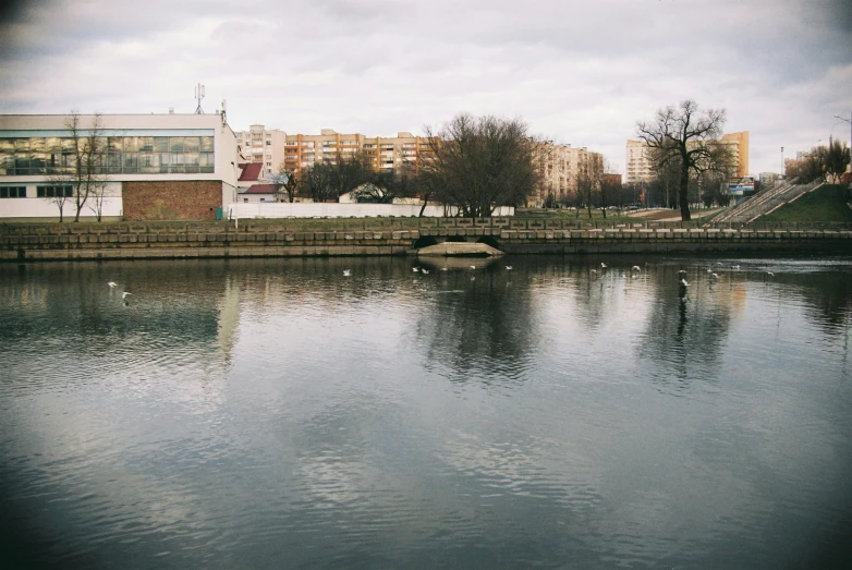 a view of some water and buildings