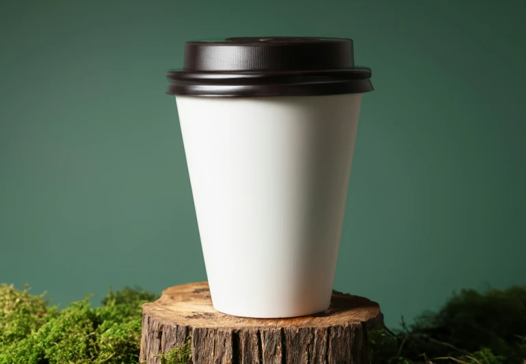 a white coffee cup is sitting on a stump