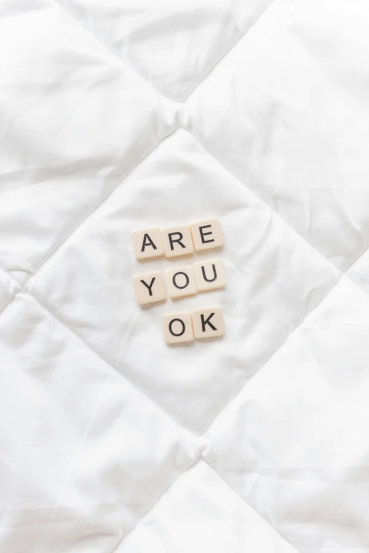 two scrabbles are laid on a blanket reading'are you ok?