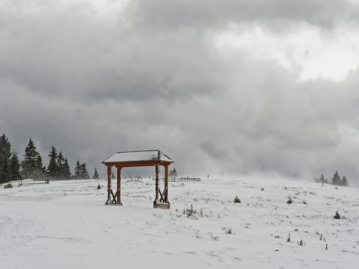 a gazebo in the middle of snowy land