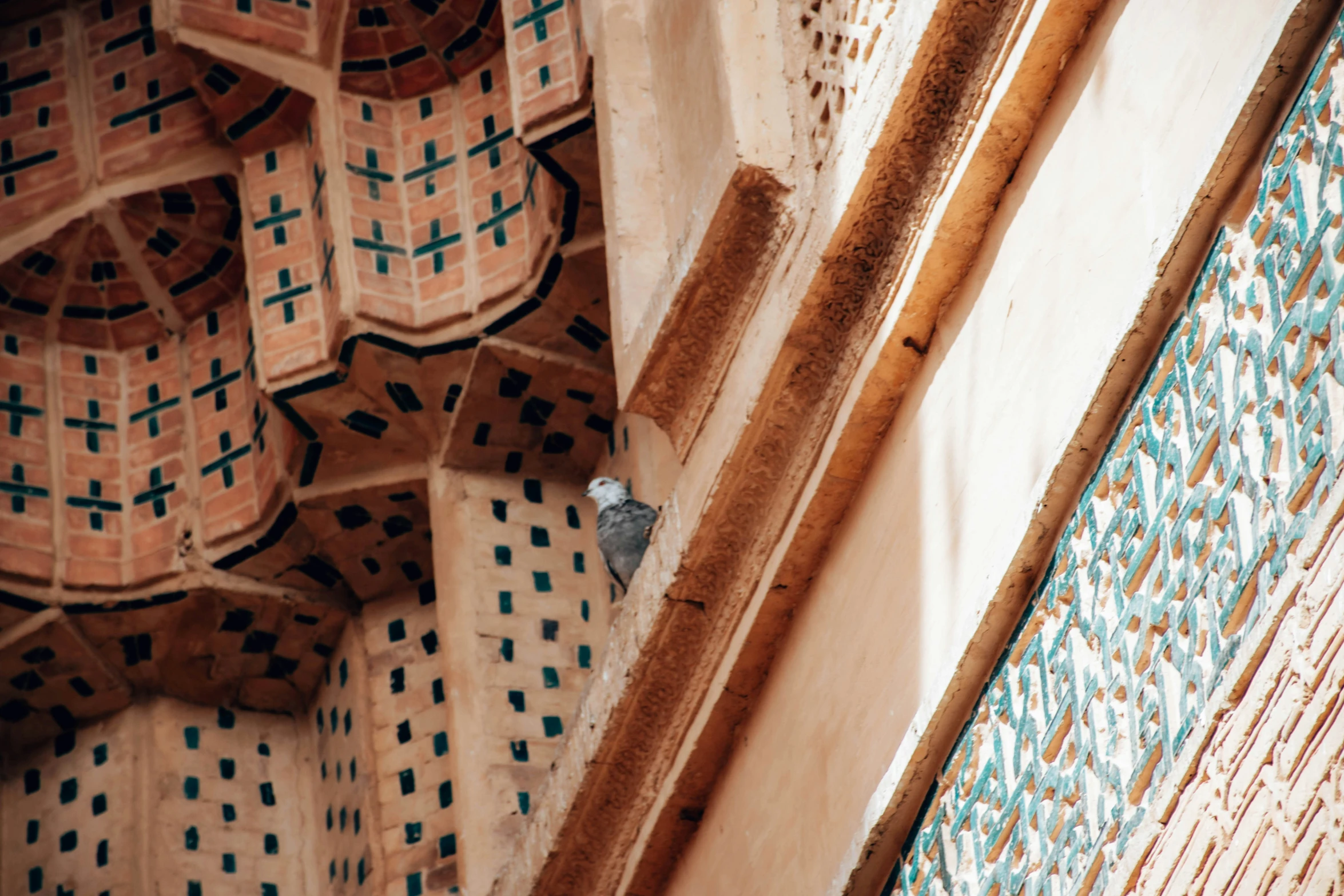 a pigeon standing next to an ornate carved building