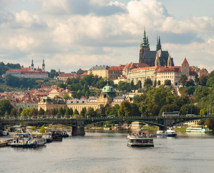 there are several boats in the water with a city in the background