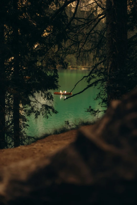 a boat on the water surrounded by trees
