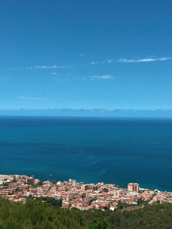 cityscape along the water and beach against a blue sky