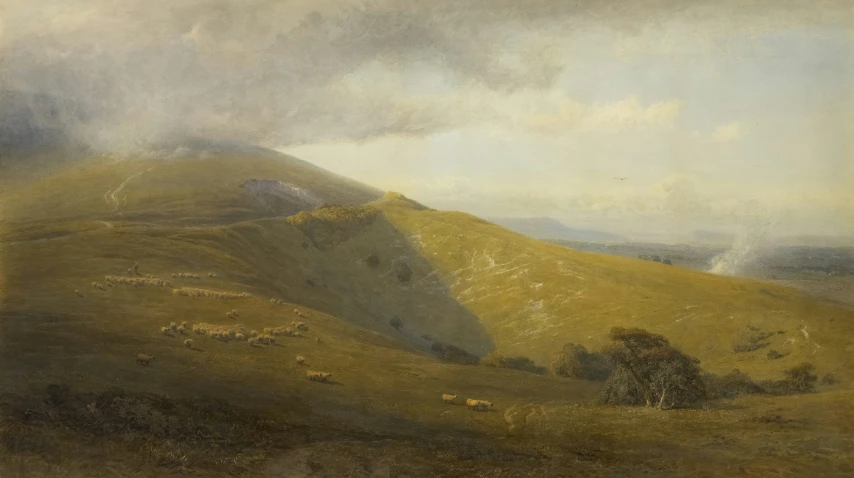 an artistic painting of a landscape with clouds and grass