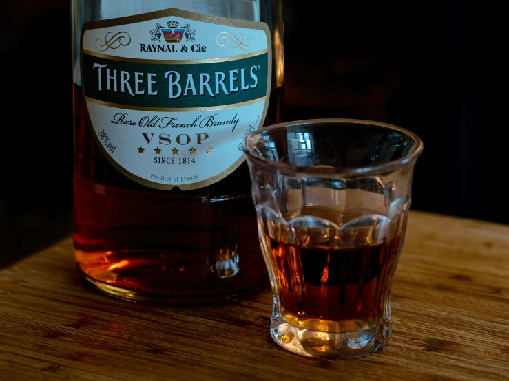 a wooden table with a bottle and glass on it