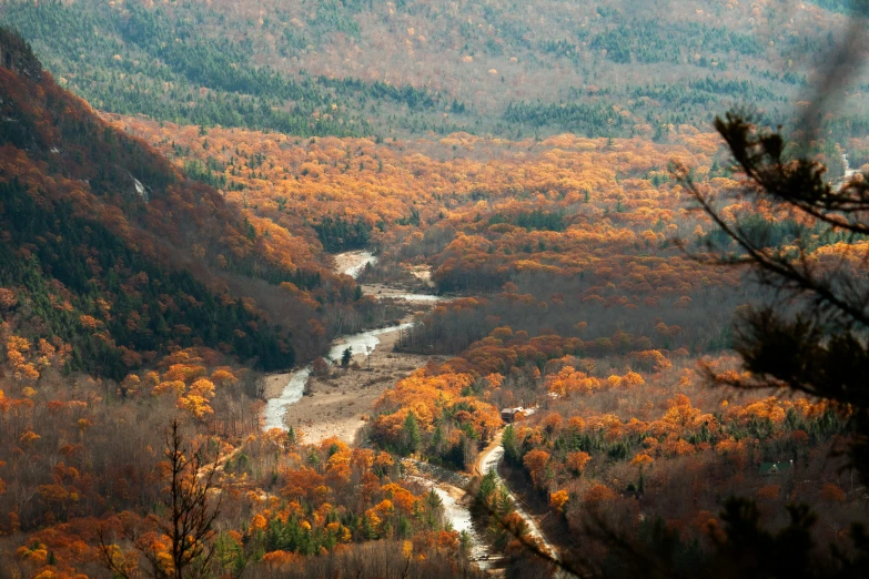 the mountain scenery shows a stream winding through it