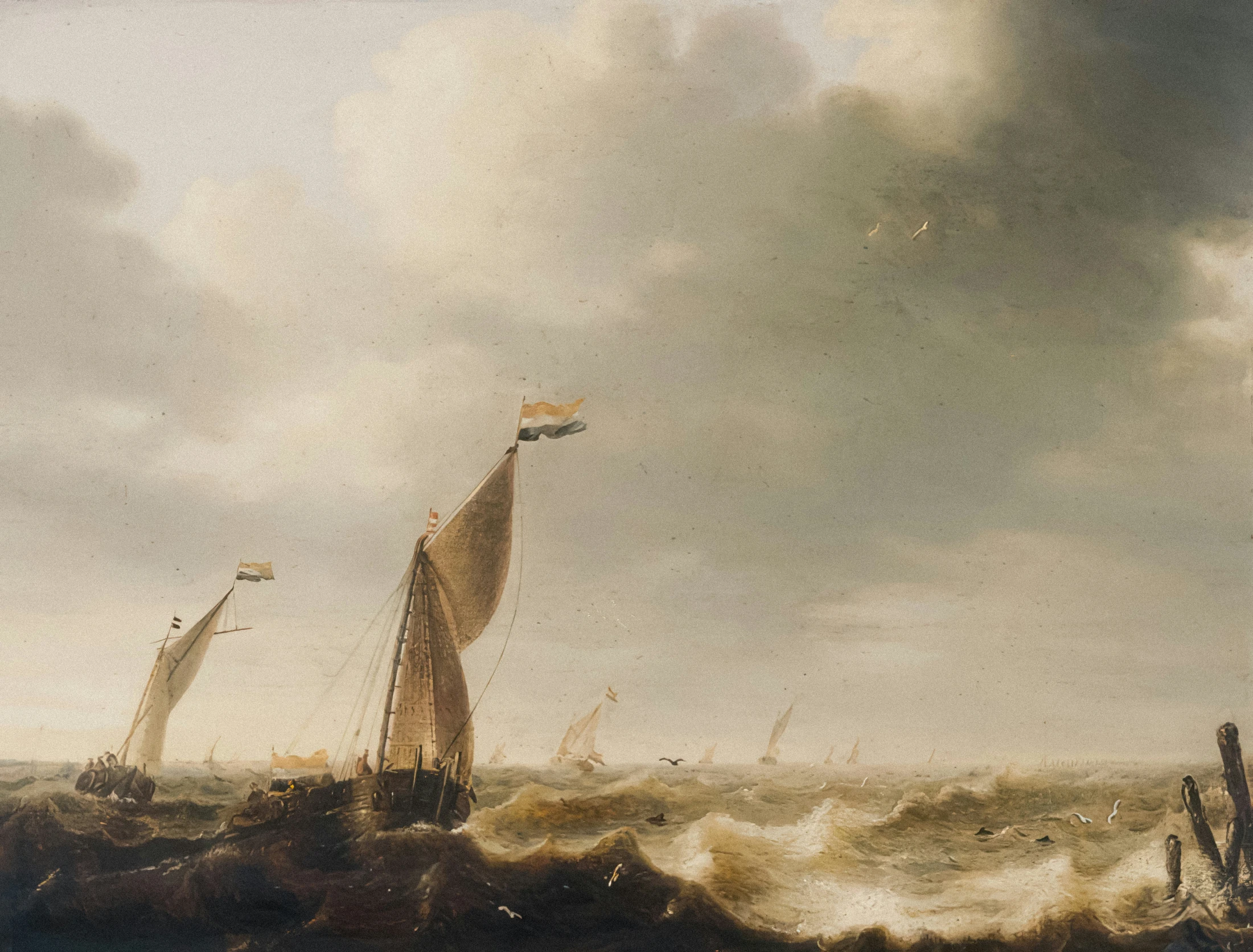 a painting of ships on rough seas with clouds