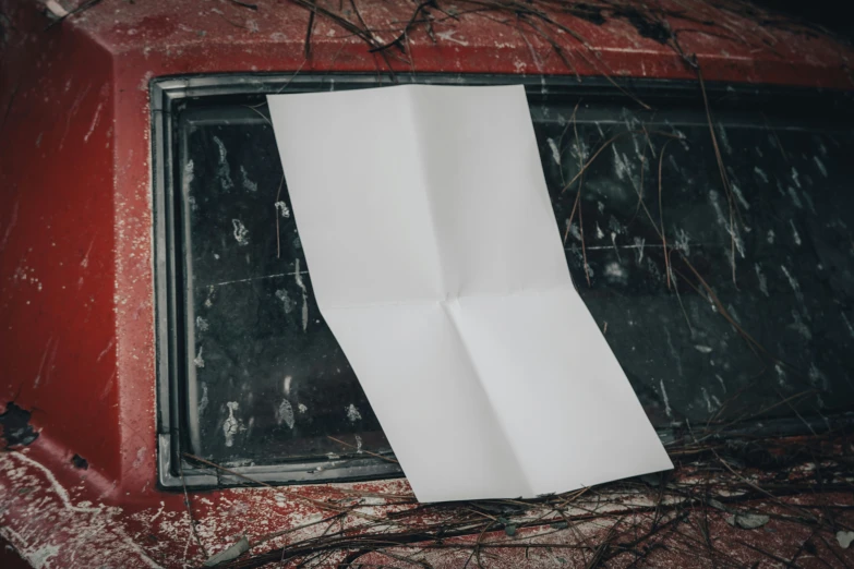 a piece of paper hanging off the side of a red car