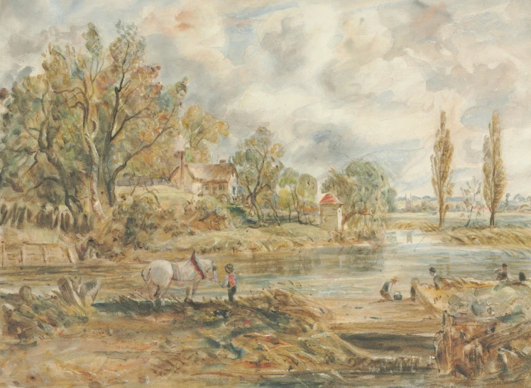 an old landscape shows a horse and people near a river
