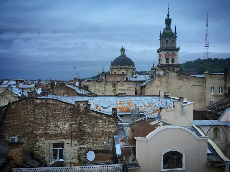 old buildings in a city covered in snow