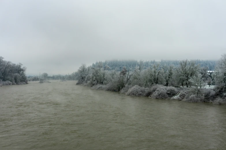 an overcast day overlooking a river and some trees