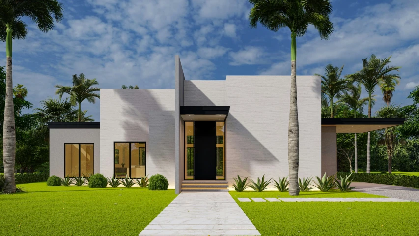 modern residential home with palm trees and walkway