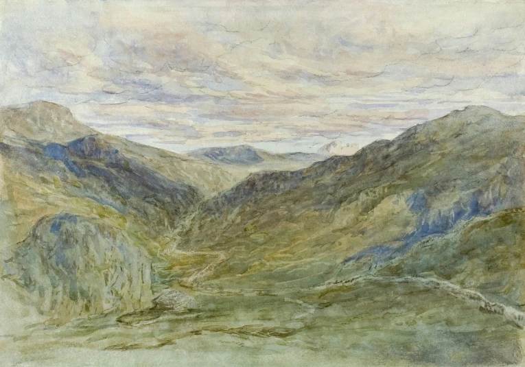 a painting of the mountains with a couple of people standing on top of it