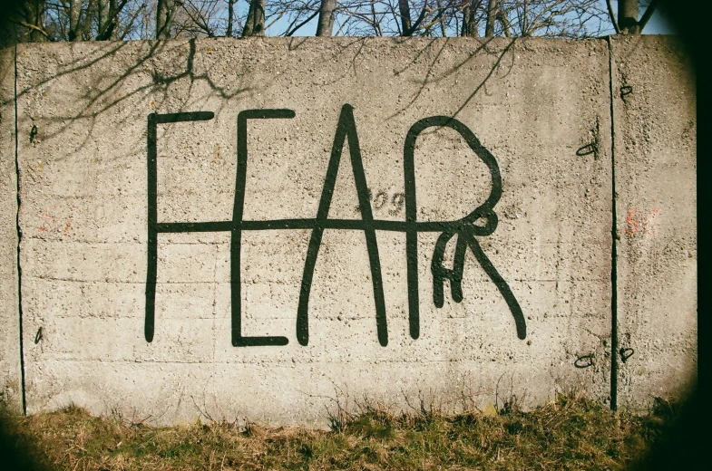 a graffitti of the word fear is painted on a concrete wall