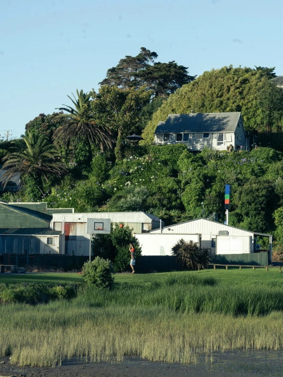 small white homes and trees in front of a house