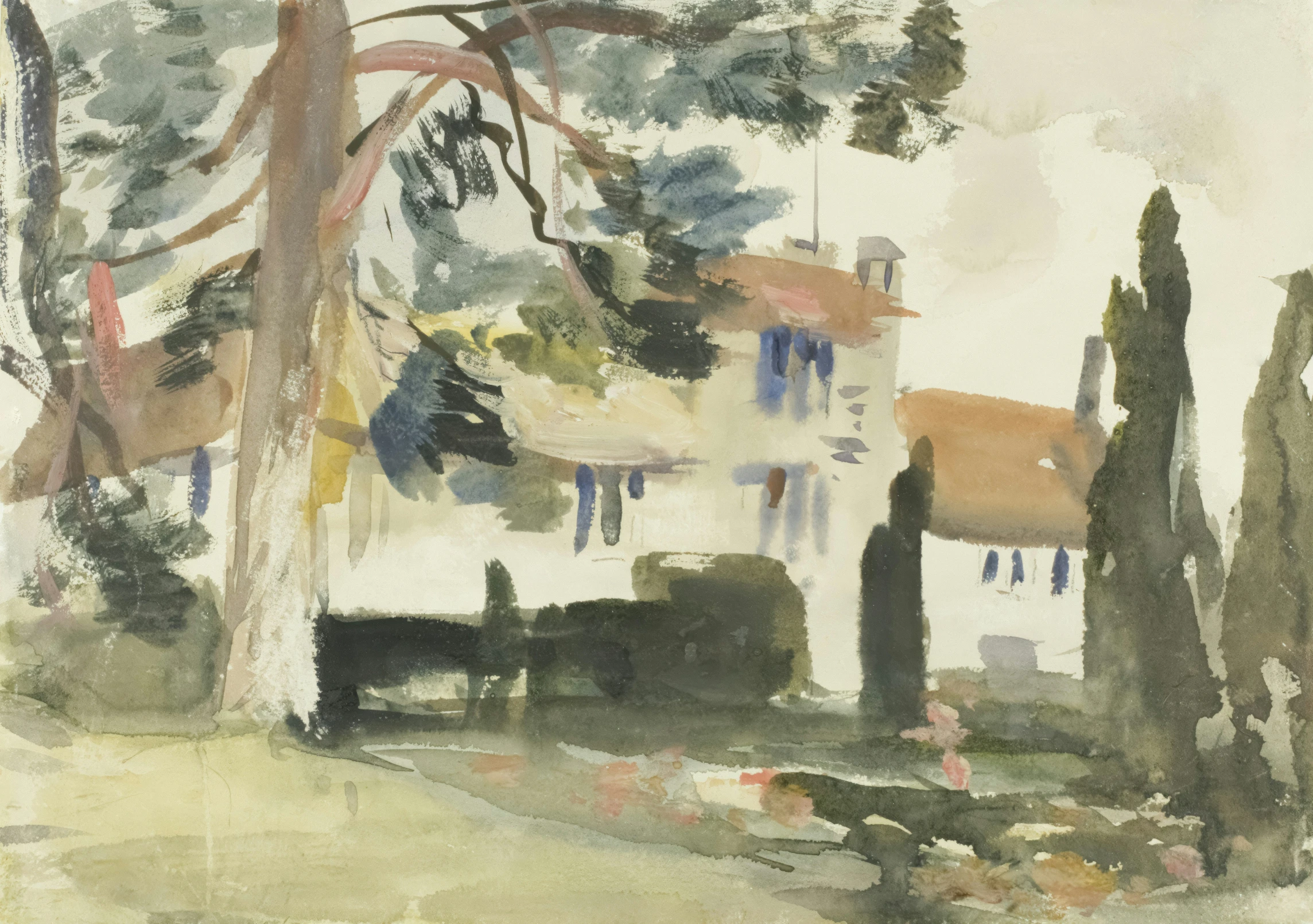 a painting on paper shows an old house in the background