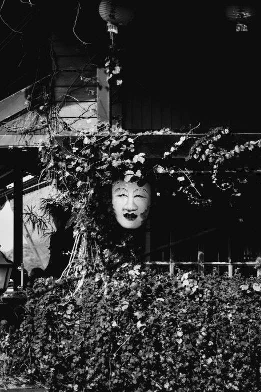 black and white pograph of fake heads of women, in vines