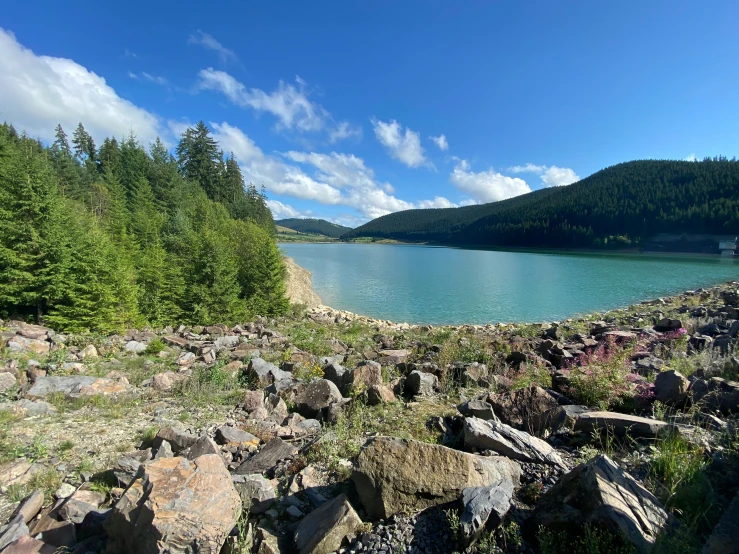 the water is crystal blue surrounded by stones and trees