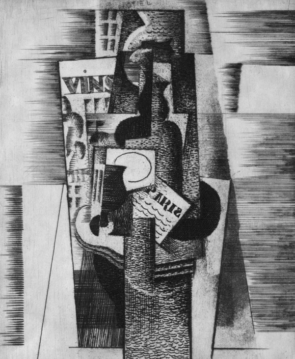 a black and white drawing of a man with a guitar