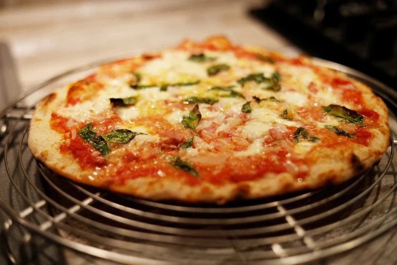 a small cheese pizza sitting on a rack