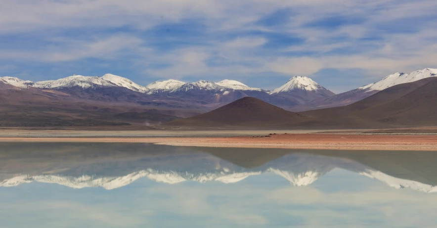 a snowy mountain range reflected in a calm water body