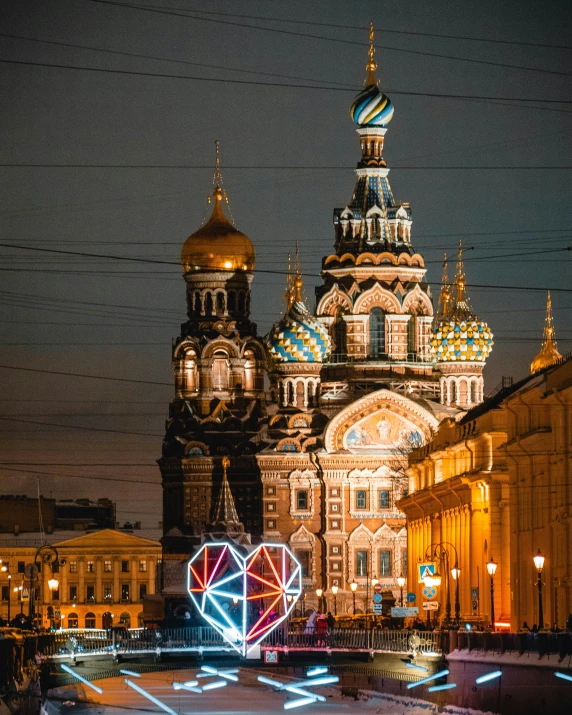 a large building has an ornate building with lights