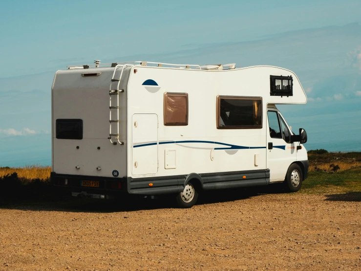 this is a white motor home parked in a field