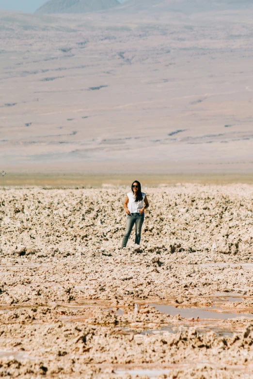 a man standing in a dry field while flying a kite