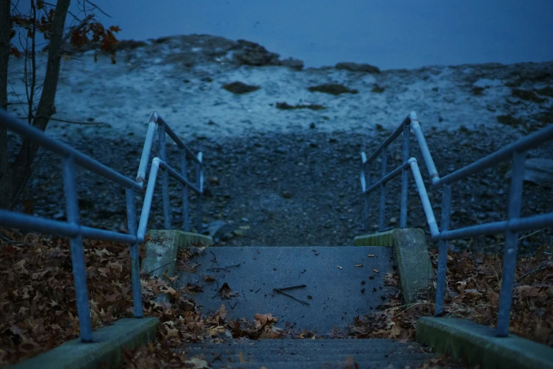 two metal steps going to the edge of the water