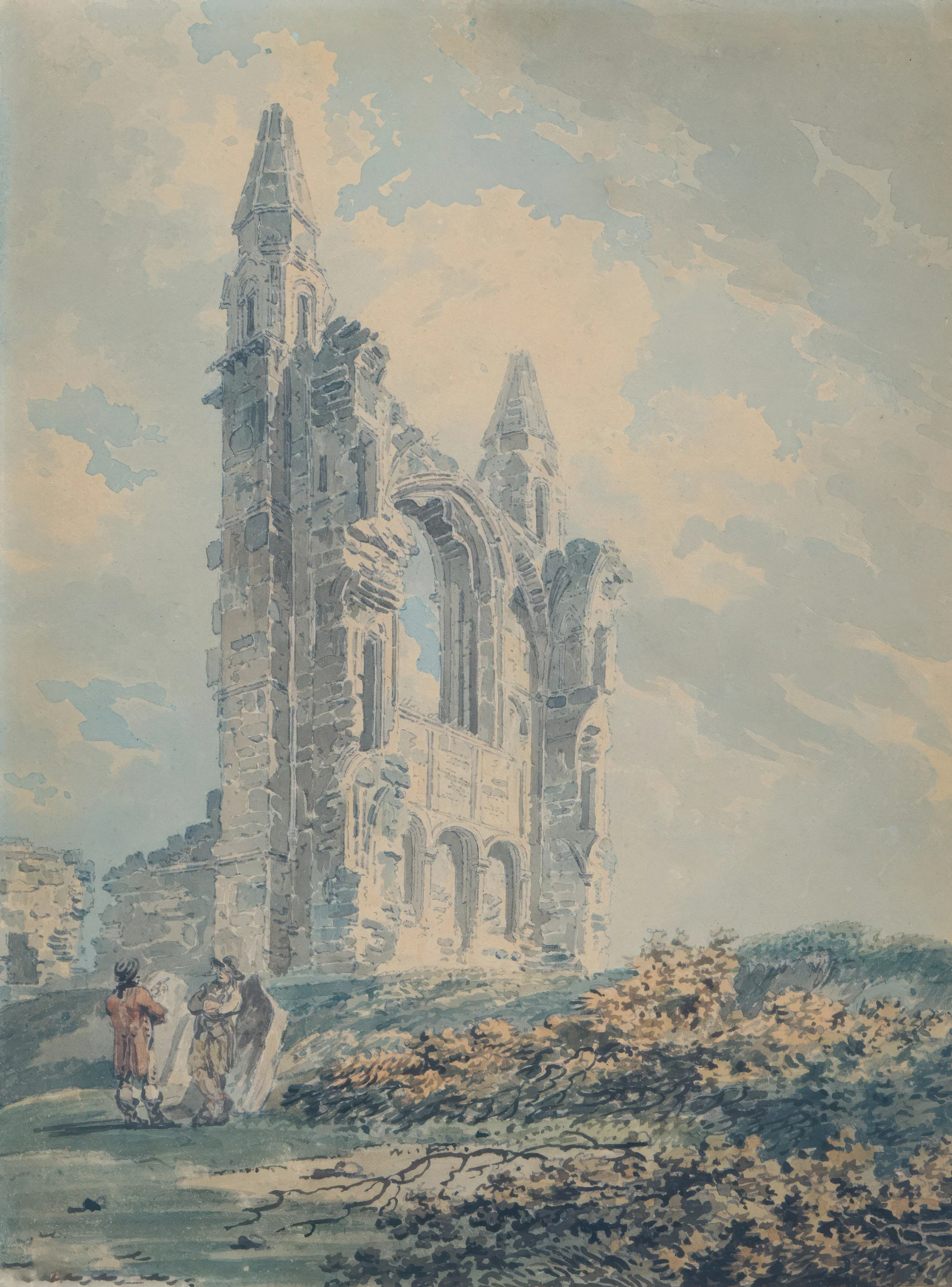 a painting shows an old castle and people