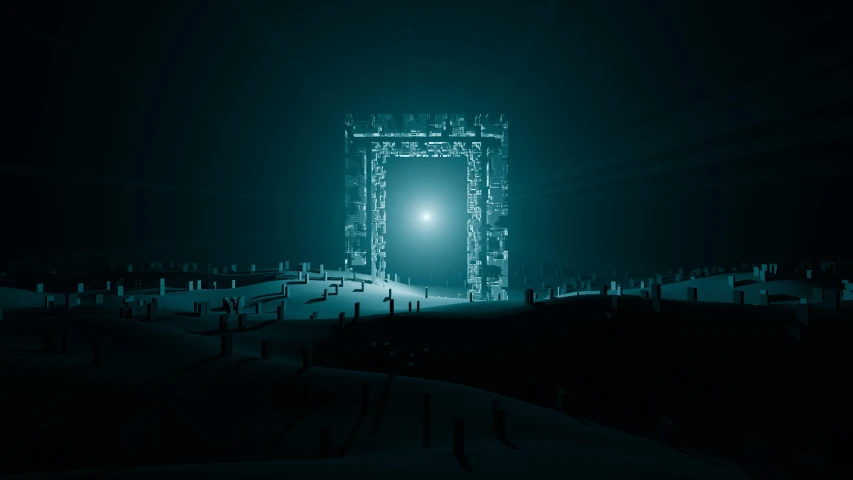 a dark and eerie scene of a lit doorway