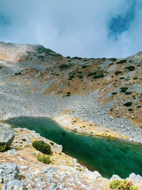 a body of water with a rocky surface near some grass