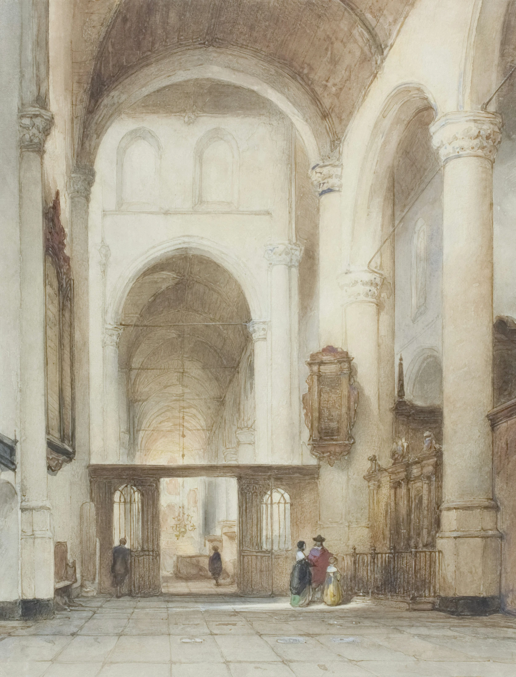 a painting of people standing inside of a church