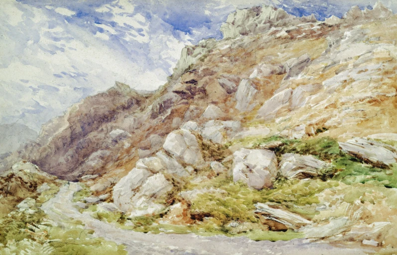 a painting of rocks, grass and dirt on the side of a mountain