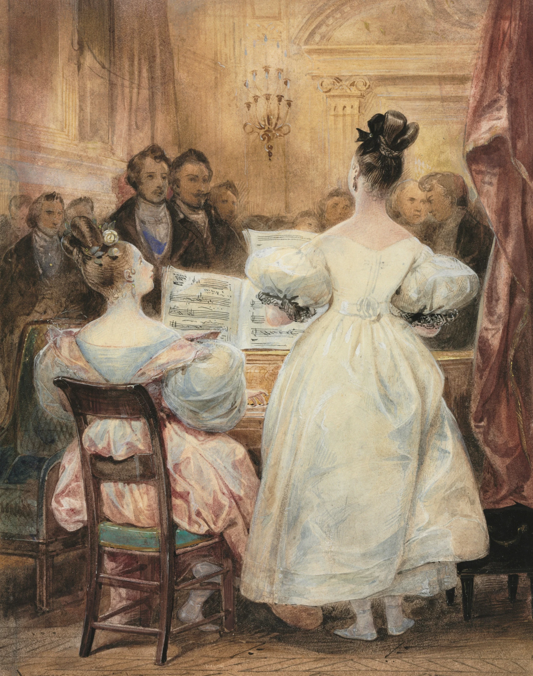 a woman in a white dress standing next to a man