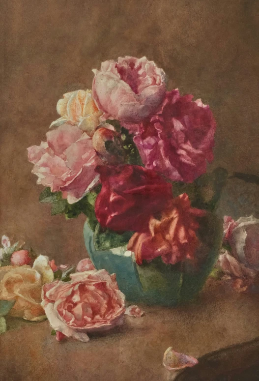 a painting of roses in a vase sitting on a table