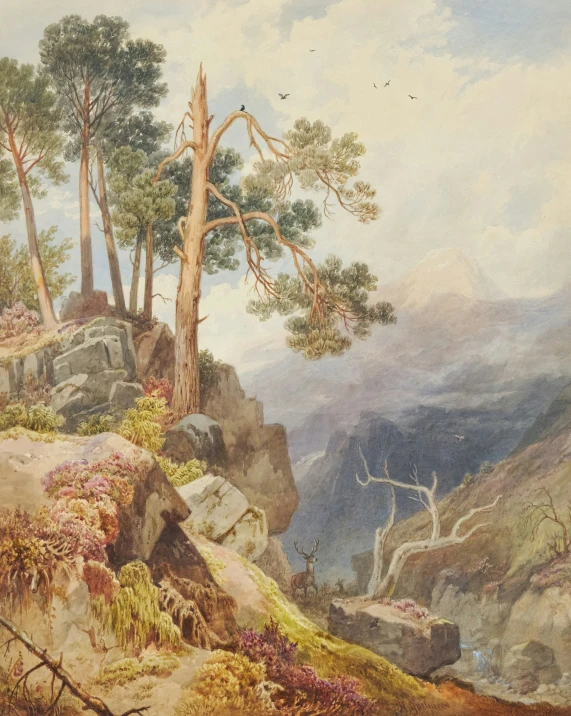 a painting of rocky terrain in an open landscape