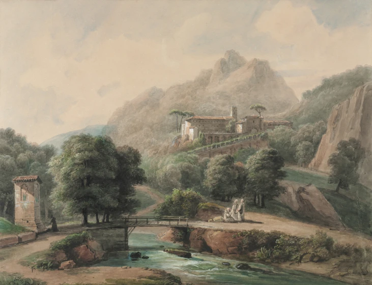 an artistic painting shows a castle with mountains in the background